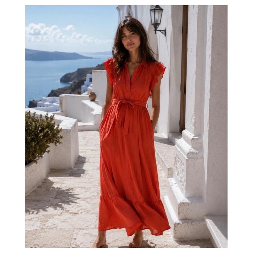 Who What Wear Maxi Dress Womens Small Red Eyelet Ruffle Sleeve Tiered Boho Summe